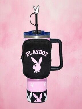 Pink Playboy Travel Tumbler with Straw Topper and Pouch